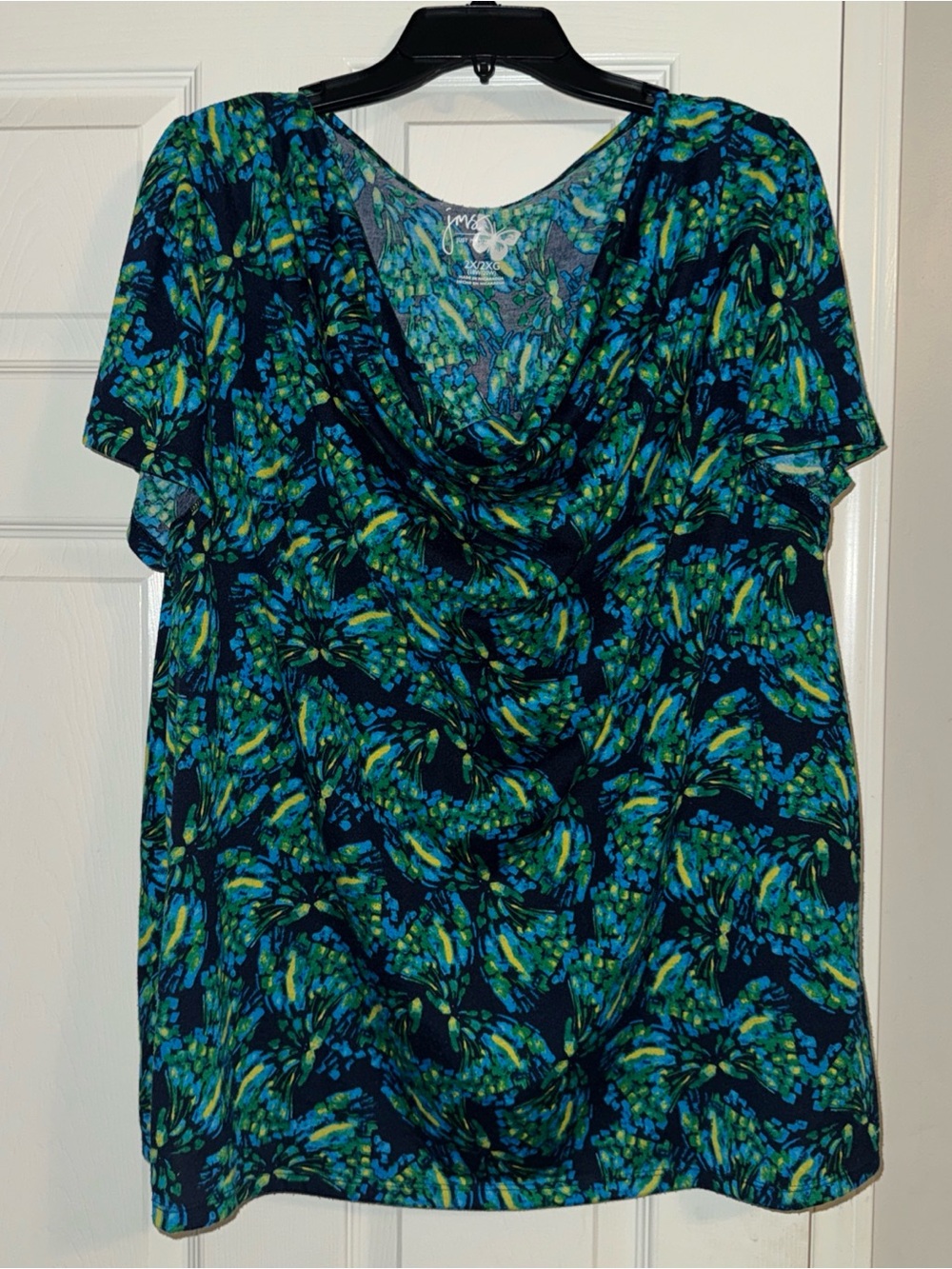 Just My Size Navy Blue Green Floral Cowl-Neck Short Sleeve Top